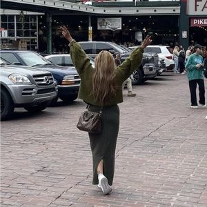 Bryn Walker Maxi Bodycon Skirt 1/4 Slit Moss Green Houndstooth